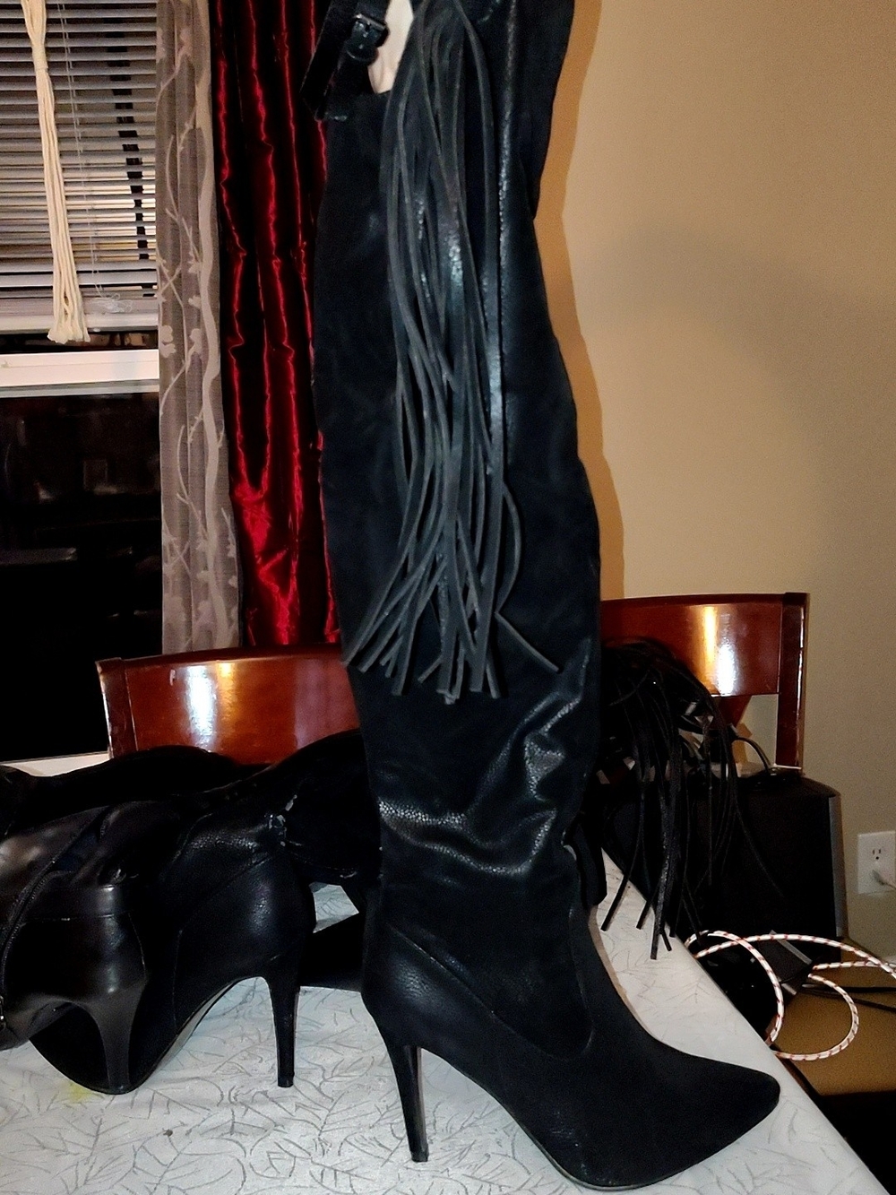 JustFab Black Over-the-Knee Fringe Stiletto Boots